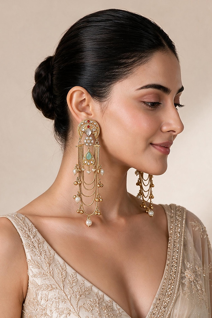Gold Plated Kundan Polki & Pearl Dangler Earrings by Vivinia By Vidhi Mehra at Pernia's Pop Up Shop