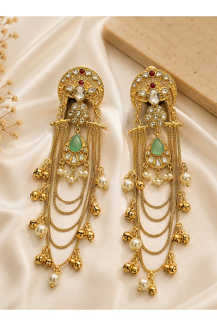 Gold Plated Kundan Polki & Pearl Dangler Earrings by Vivinia By Vidhi Mehra at Pernia's Pop Up Shop