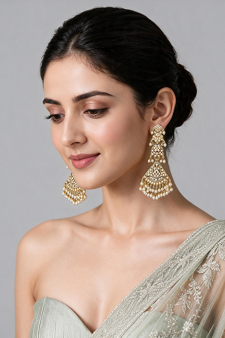 Gold Plated Kundan Polki & Pearl Drop Jadau Dangler Earrings by Vivinia By Vidhi Mehra at Pernia's Pop Up Shop
