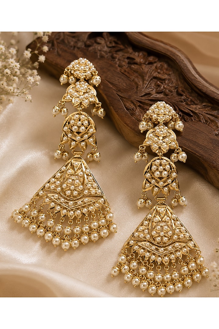 Gold Plated Kundan Polki & Pearl Drop Jadau Dangler Earrings by Vivinia By Vidhi Mehra at Pernia's Pop Up Shop