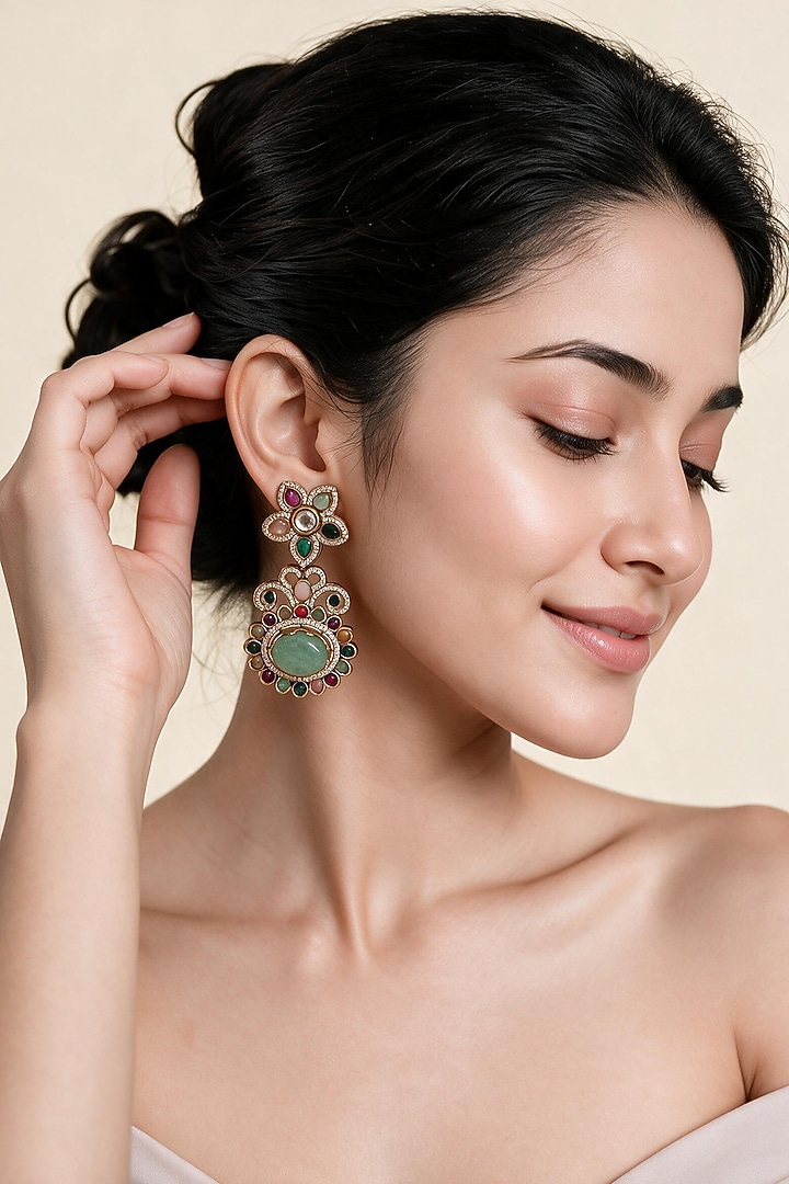 Gold Plated Multi-Colored Semi-precious Stone Floral Dangler Earrings by Vivinia By Vidhi Mehra at Pernia's Pop Up Shop