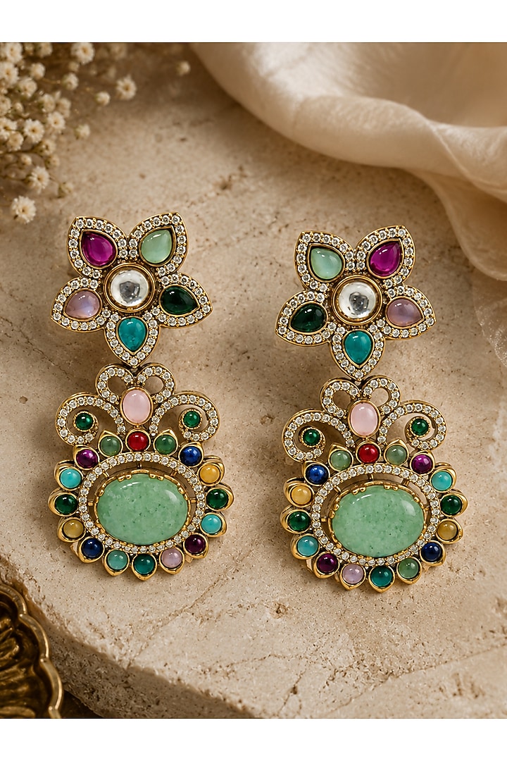 Gold Plated Multi-Colored Semi-precious Stone Floral Dangler Earrings by Vivinia By Vidhi Mehra at Pernia's Pop Up Shop