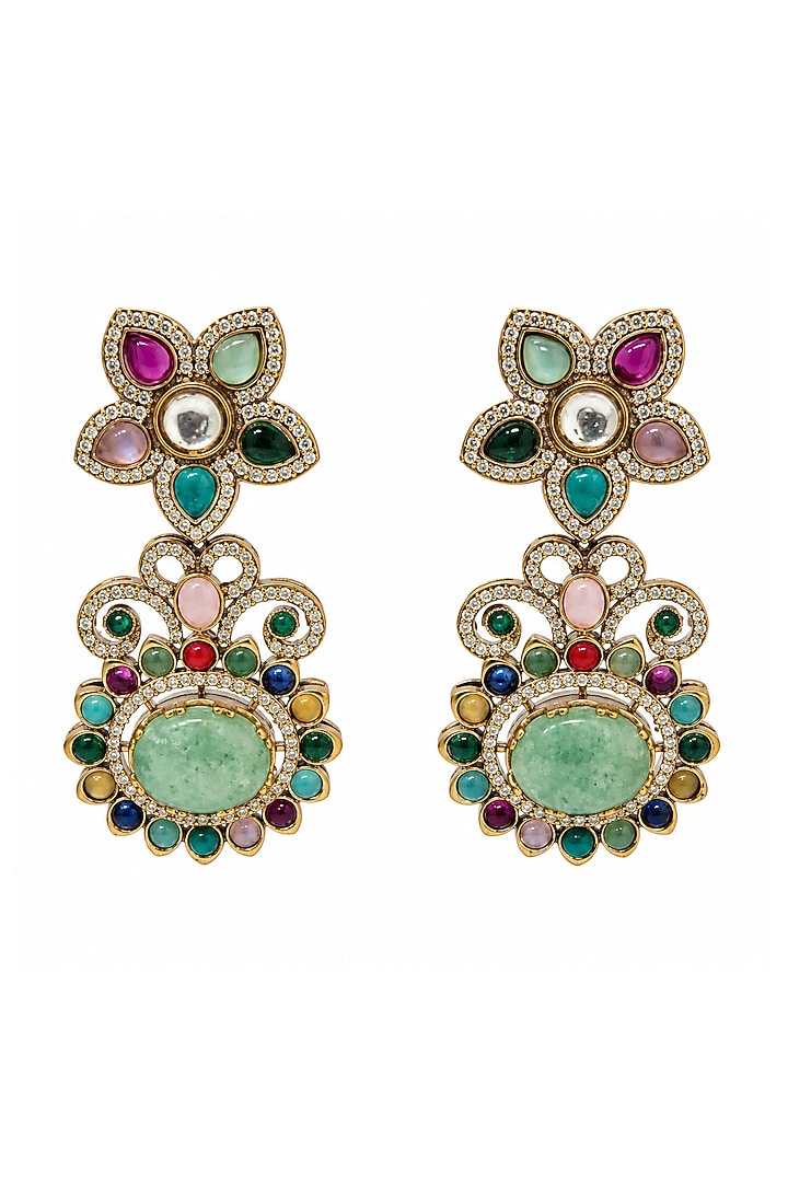 Gold Plated Multi-Colored Semi-precious Stone Floral Dangler Earrings by Vivinia By Vidhi Mehra at Pernia's Pop Up Shop