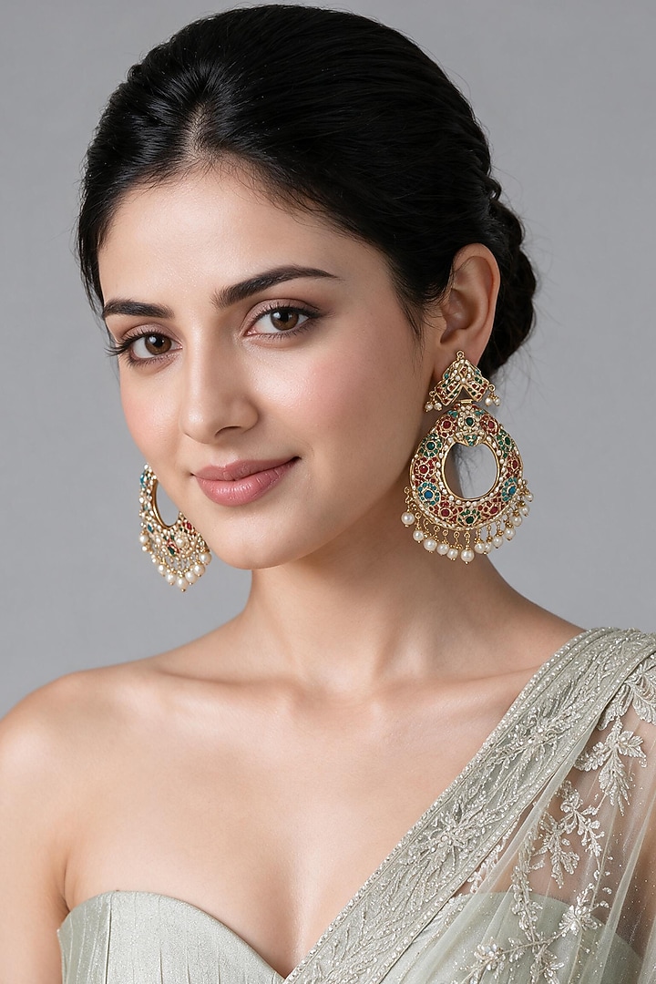 Gold Plated Multi-Colored Semi-precious Stone & Pearl Jadau Chandbali Earrings by Vivinia By Vidhi Mehra at Pernia's Pop Up Shop