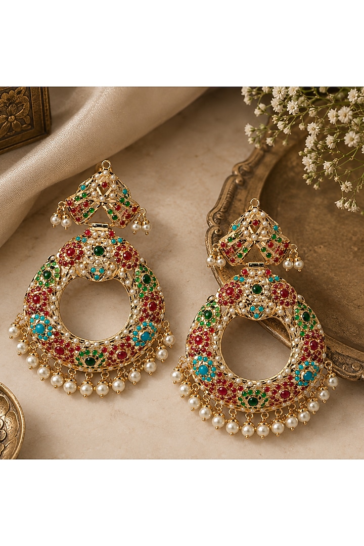 Gold Plated Multi-Colored Semi-precious Stone & Pearl Jadau Chandbali Earrings by Vivinia By Vidhi Mehra at Pernia's Pop Up Shop