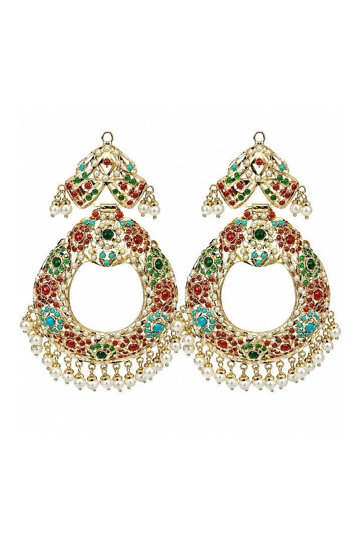 Gold Plated Multi-Colored Semi-precious Stone & Pearl Jadau Chandbali Earrings by Vivinia By Vidhi Mehra at Pernia's Pop Up Shop