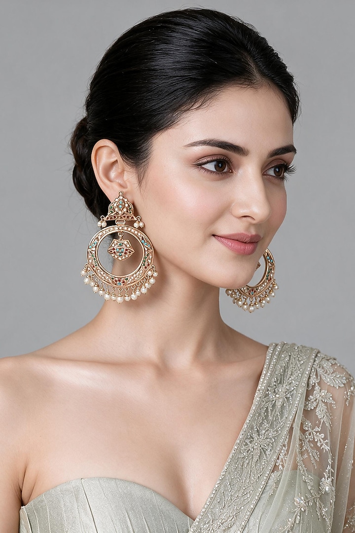 Gold Plated Multi-Colored Stone & Pearl Drop Jadau Chandbali Earrings by Vivinia By Vidhi Mehra at Pernia's Pop Up Shop