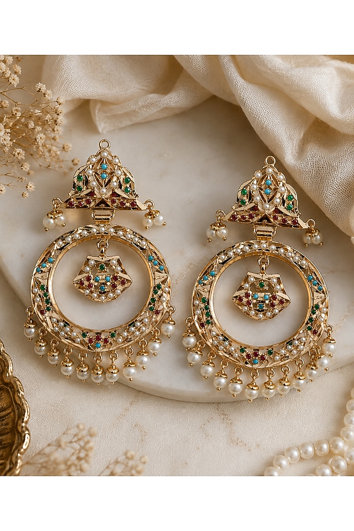 Gold Plated Multi-Colored Stone & Pearl Drop Jadau Chandbali Earrings by Vivinia By Vidhi Mehra at Pernia's Pop Up Shop