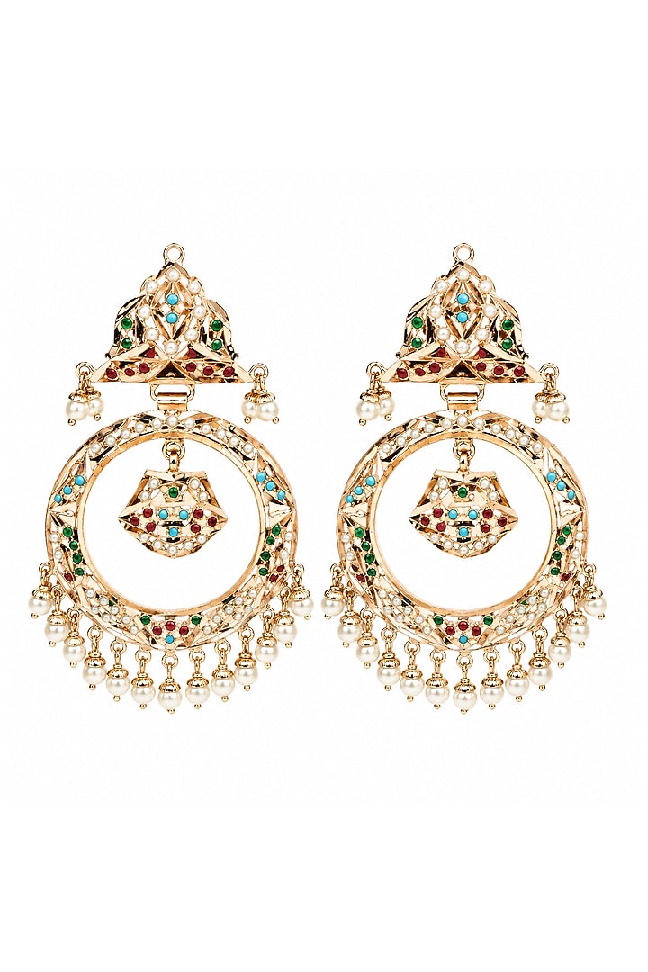 Gold Plated Multi-Colored Stone & Pearl Drop Jadau Chandbali Earrings by Vivinia By Vidhi Mehra at Pernia's Pop Up Shop