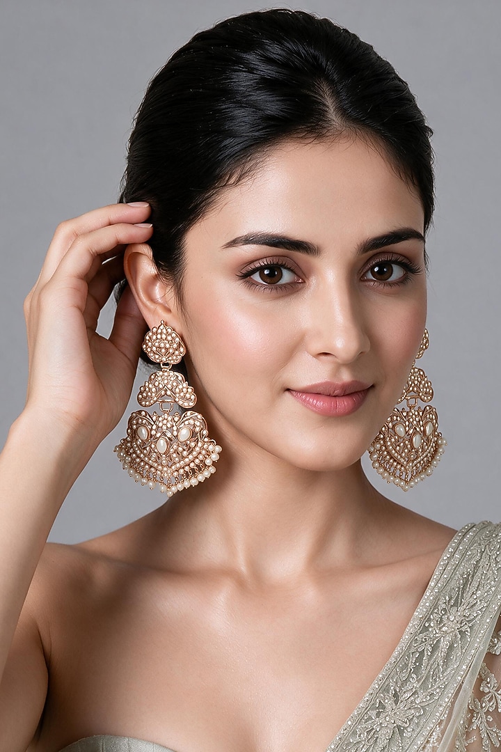 Gold Plated Pearl Fringe Jadau Dangler Earrings by Vivinia By Vidhi Mehra at Pernia's Pop Up Shop