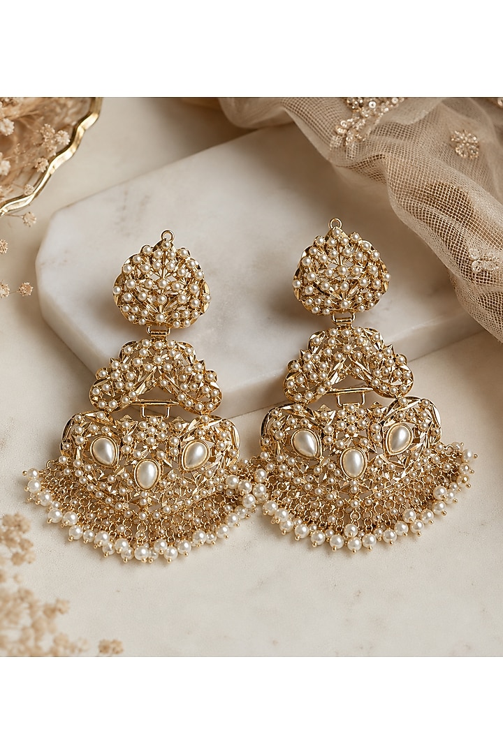 Gold Plated Pearl Fringe Jadau Dangler Earrings by Vivinia By Vidhi Mehra at Pernia's Pop Up Shop