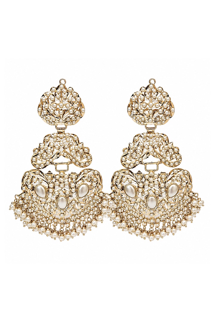 Gold Plated Pearl Fringe Jadau Dangler Earrings by Vivinia By Vidhi Mehra at Pernia's Pop Up Shop