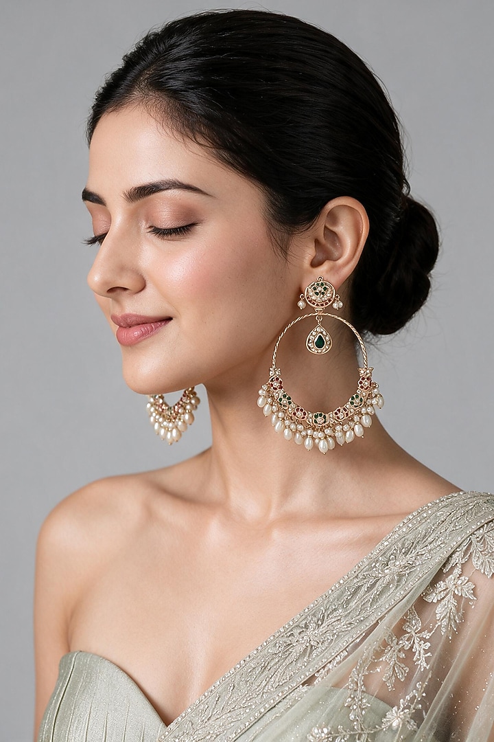 Gold Plated Green & Ruby Stone Jadau Floral Chandbali Earrings by Vivinia By Vidhi Mehra at Pernia's Pop Up Shop