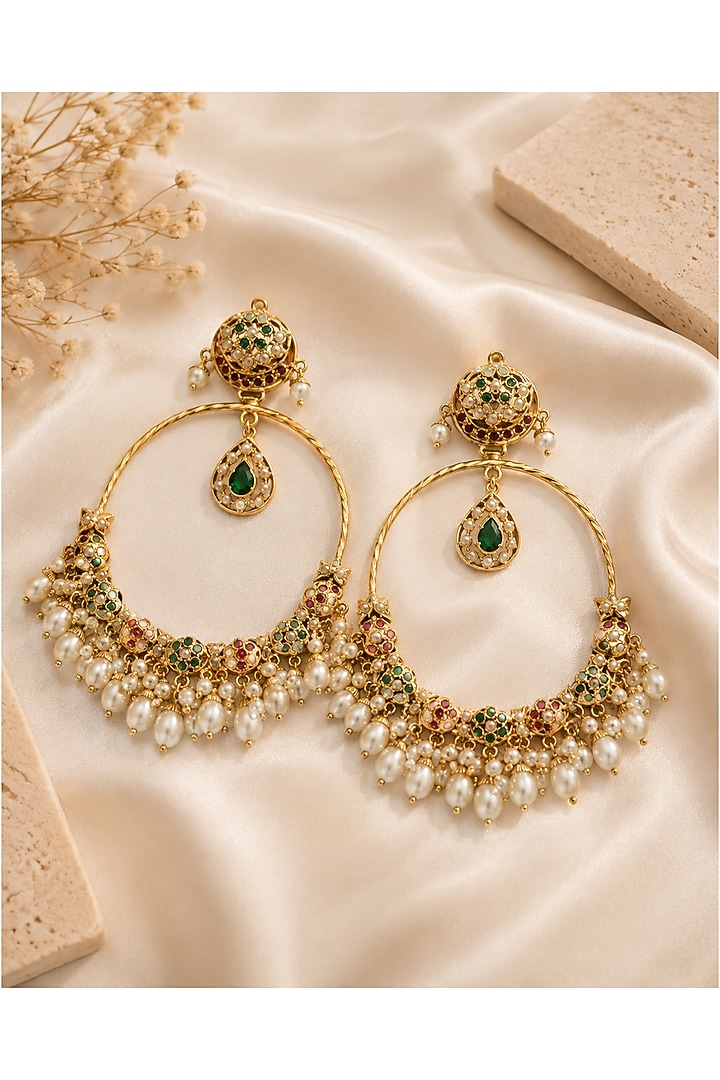 Gold Plated Green & Ruby Stone Jadau Floral Chandbali Earrings by Vivinia By Vidhi Mehra at Pernia's Pop Up Shop