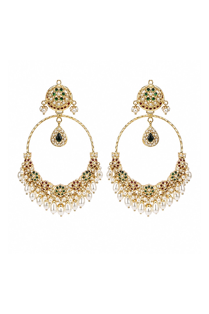 Gold Plated Green & Ruby Stone Jadau Floral Chandbali Earrings by Vivinia By Vidhi Mehra at Pernia's Pop Up Shop