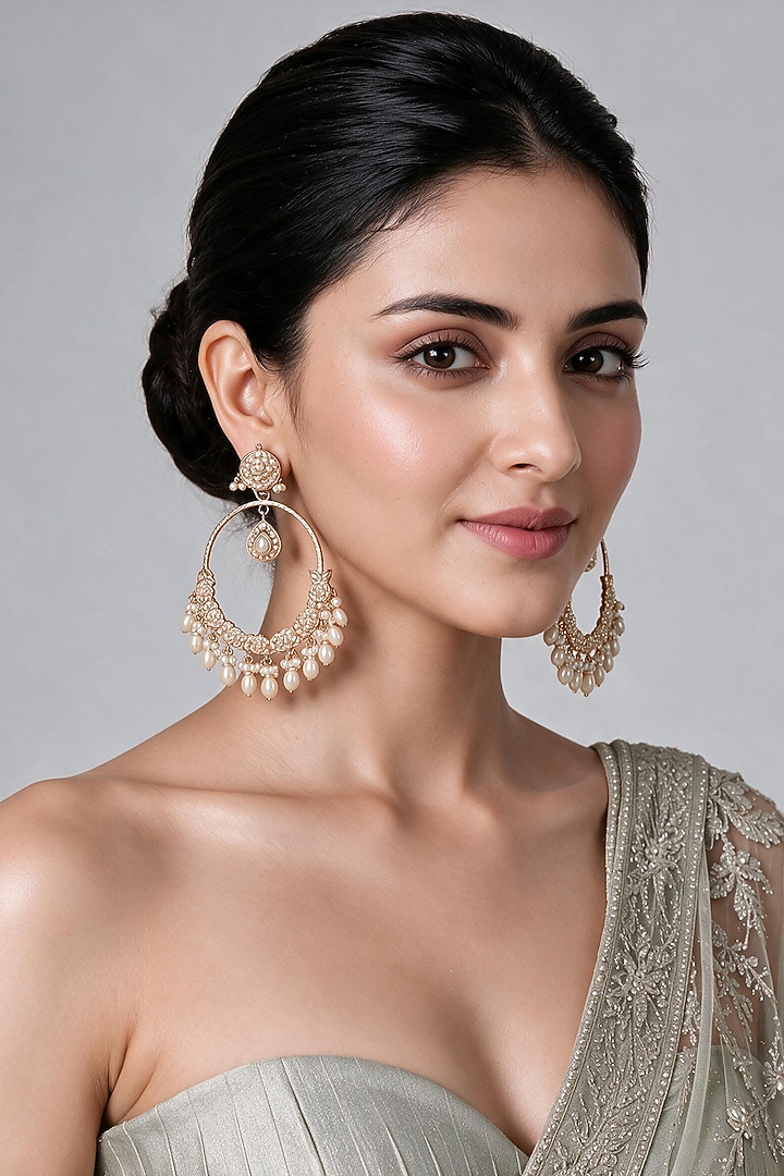 Gold Plated Pearl Motifs Jadau Floral Chandbali Earrings by Vivinia By Vidhi Mehra at Pernia's Pop Up Shop