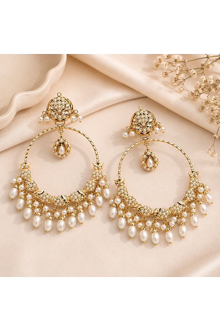 Gold Plated Pearl Motifs Jadau Floral Chandbali Earrings by Vivinia By Vidhi Mehra at Pernia's Pop Up Shop