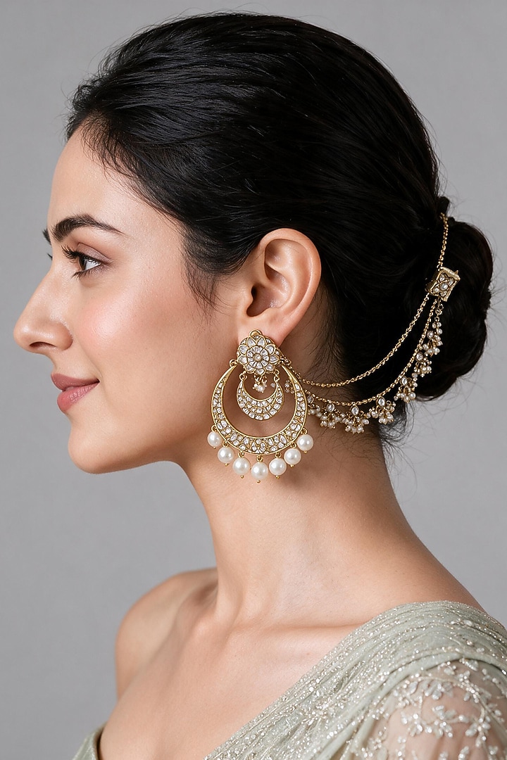 Gold Plated Kundan Polki & Pearl Floral Chandbali Earrings by Vivinia By Vidhi Mehra at Pernia's Pop Up Shop