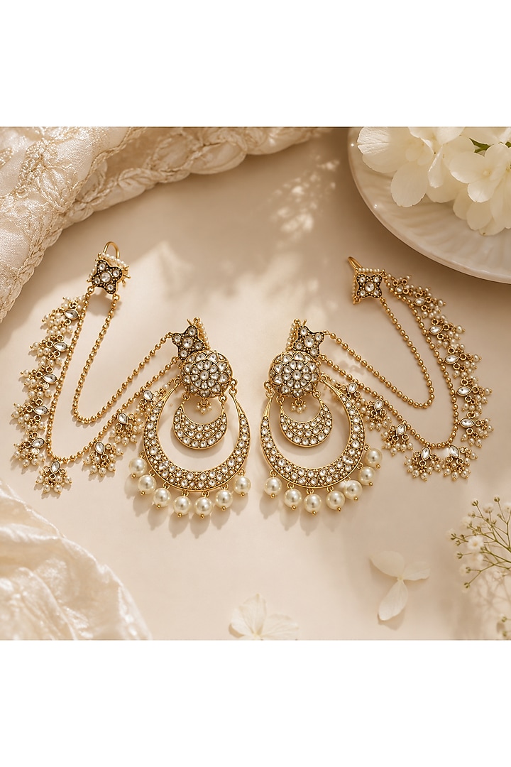 Gold Plated Kundan Polki & Pearl Floral Chandbali Earrings by Vivinia By Vidhi Mehra at Pernia's Pop Up Shop