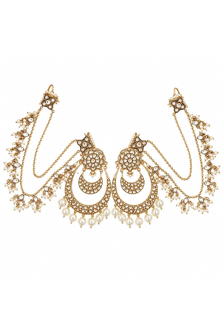 Gold Plated Kundan Polki & Pearl Floral Chandbali Earrings by Vivinia By Vidhi Mehra at Pernia's Pop Up Shop