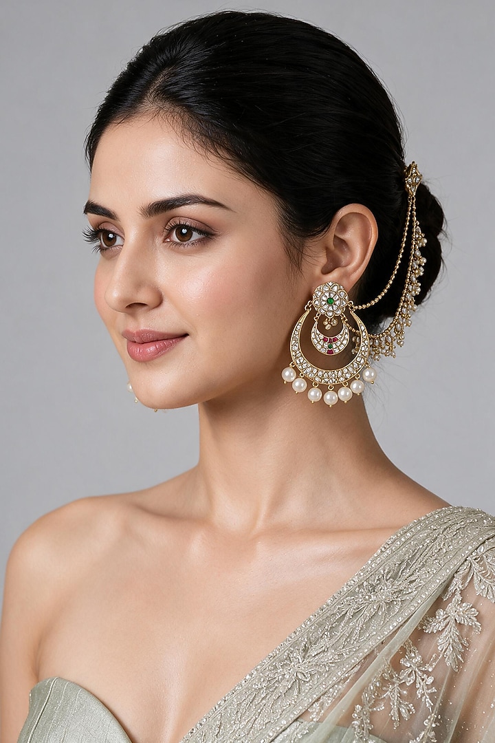 Gold Plated Kundan Polki & Pearl Floral Chandbali Earrings by Vivinia By Vidhi Mehra at Pernia's Pop Up Shop
