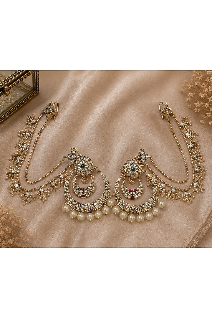 Gold Plated Kundan Polki & Pearl Floral Chandbali Earrings by Vivinia By Vidhi Mehra at Pernia's Pop Up Shop