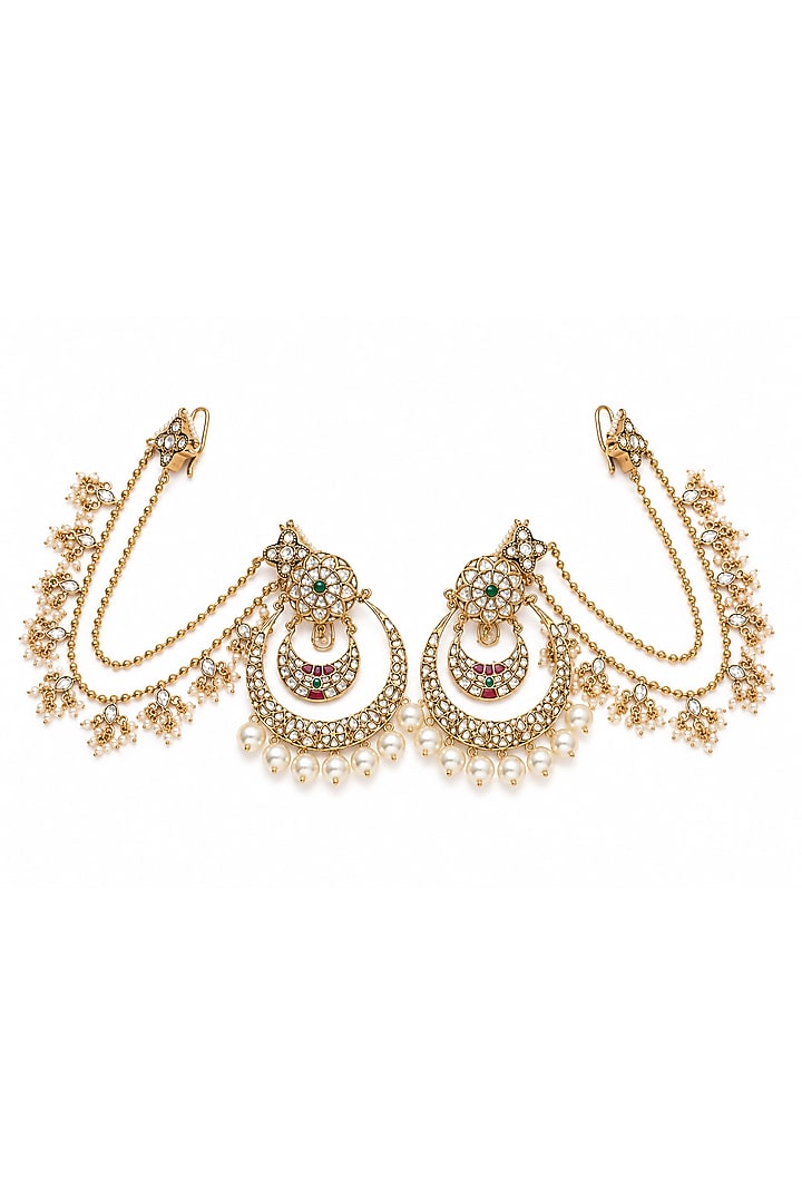 Gold Plated Kundan Polki & Pearl Floral Chandbali Earrings by Vivinia By Vidhi Mehra at Pernia's Pop Up Shop
