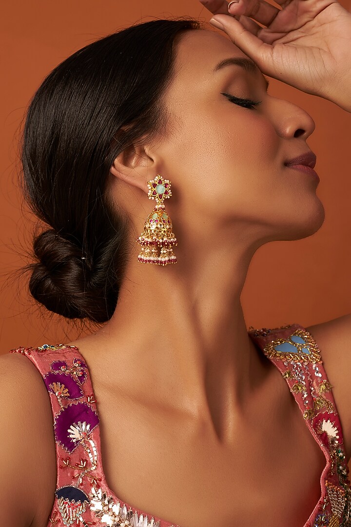 Gold Finish Kundan Polki Jhumka Earrings by Vivinia By Vidhi Mehra at Pernia's Pop Up Shop