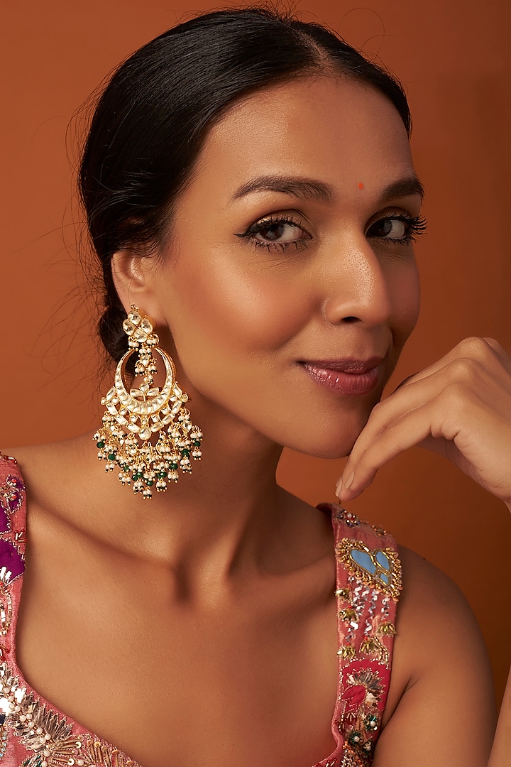 Gold Finish Kundan Polki & Onyx Chandbali Earrings by Vivinia By Vidhi Mehra