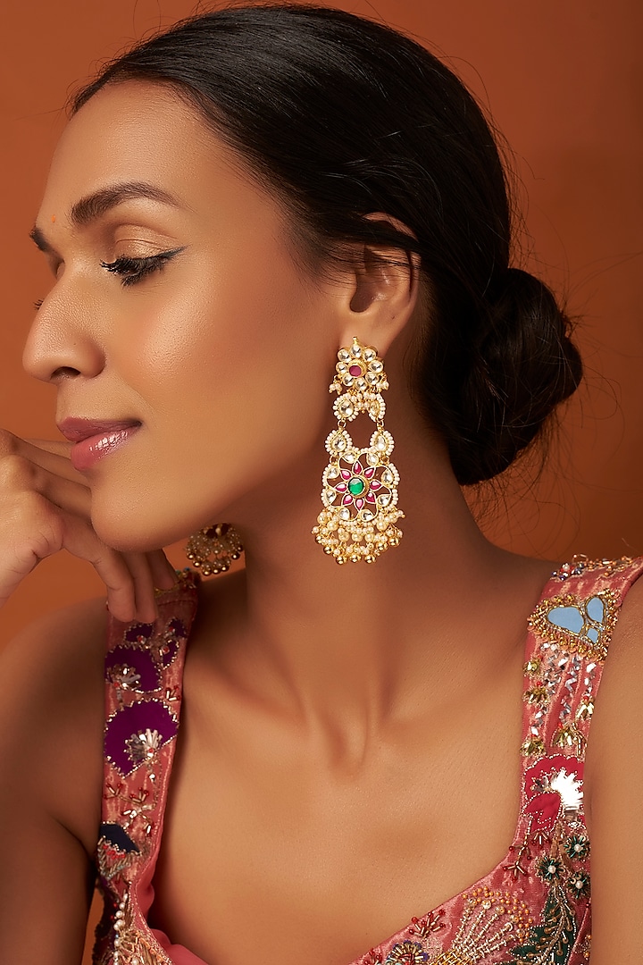 Gold Finish Kundan Polki Dangler Earrings by Vivinia By Vidhi Mehra at Pernia's Pop Up Shop