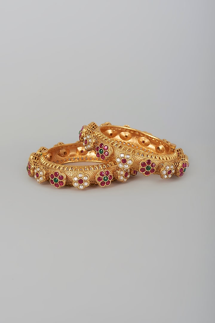Gold Finish Kundan Polki Kadas (Set of 2) by Vivinia By Vidhi Mehra at Pernia's Pop Up Shop