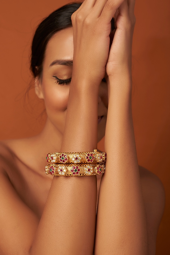 Gold Finish Kundan Polki Kadas (Set of 2) by Vivinia By Vidhi Mehra at Pernia's Pop Up Shop