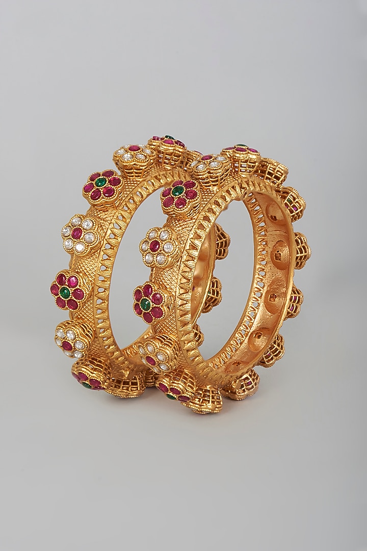 Gold Finish Kundan Polki Kadas (Set of 2) by Vivinia By Vidhi Mehra at Pernia's Pop Up Shop