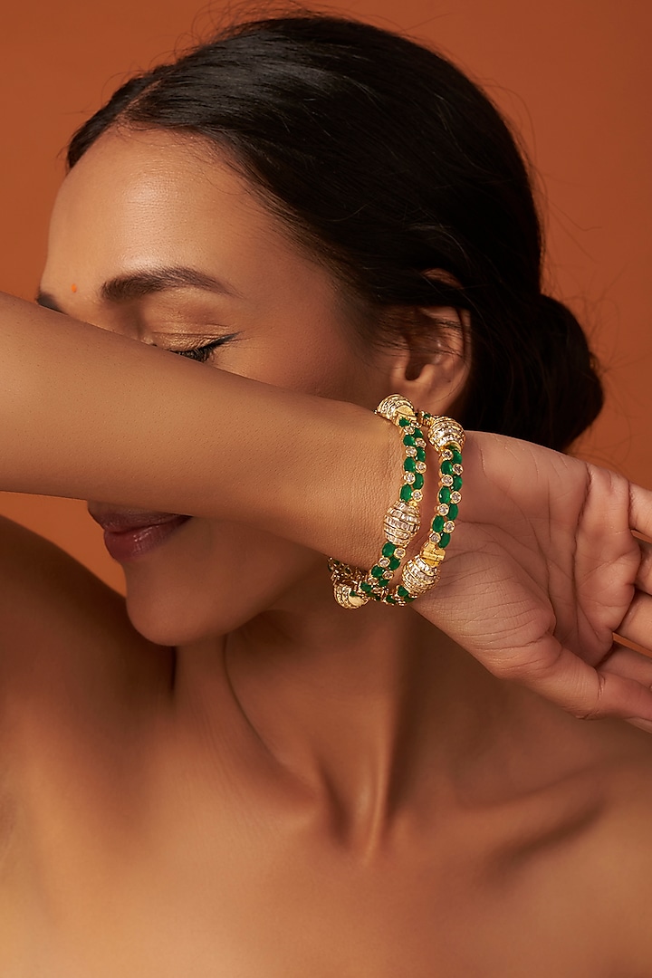 Two Tone Finish Green Onyx Bangles (Set of 2) by Vivinia By Vidhi Mehra