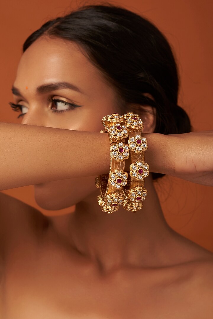 Gold Finish Kundan Polki Kadas (Set of 2) by Vivinia By Vidhi Mehra at Pernia's Pop Up Shop