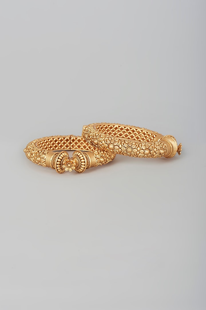 Gold Finish Openable Temple Kadas (Set of 2) by Vivinia By Vidhi Mehra at Pernia's Pop Up Shop