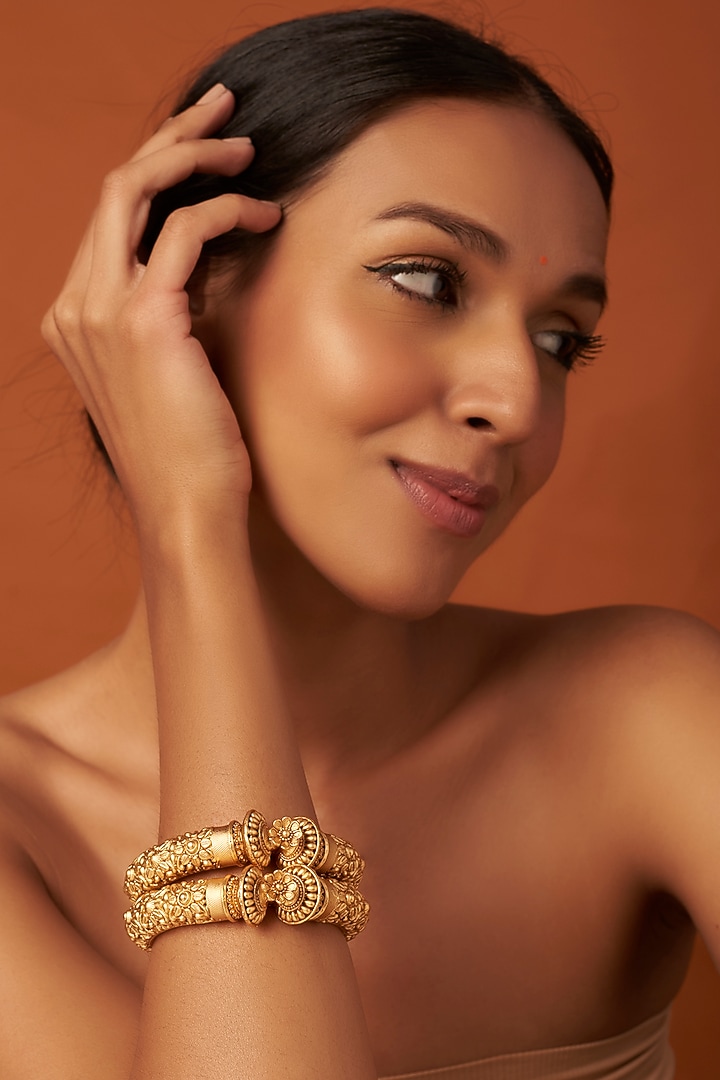 Gold Finish Openable Temple Kadas (Set of 2) by Vivinia By Vidhi Mehra at Pernia's Pop Up Shop