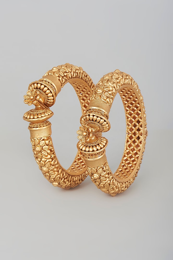Gold Finish Openable Temple Kadas (Set of 2) by Vivinia By Vidhi Mehra at Pernia's Pop Up Shop