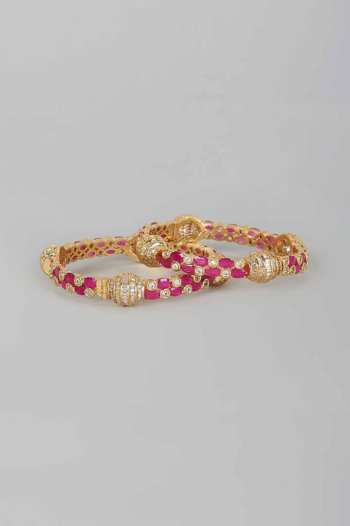Two Tone Finish Ruby Stone Openable Bangles (Set of 2) by Vivinia By Vidhi Mehra at Pernia's Pop Up Shop
