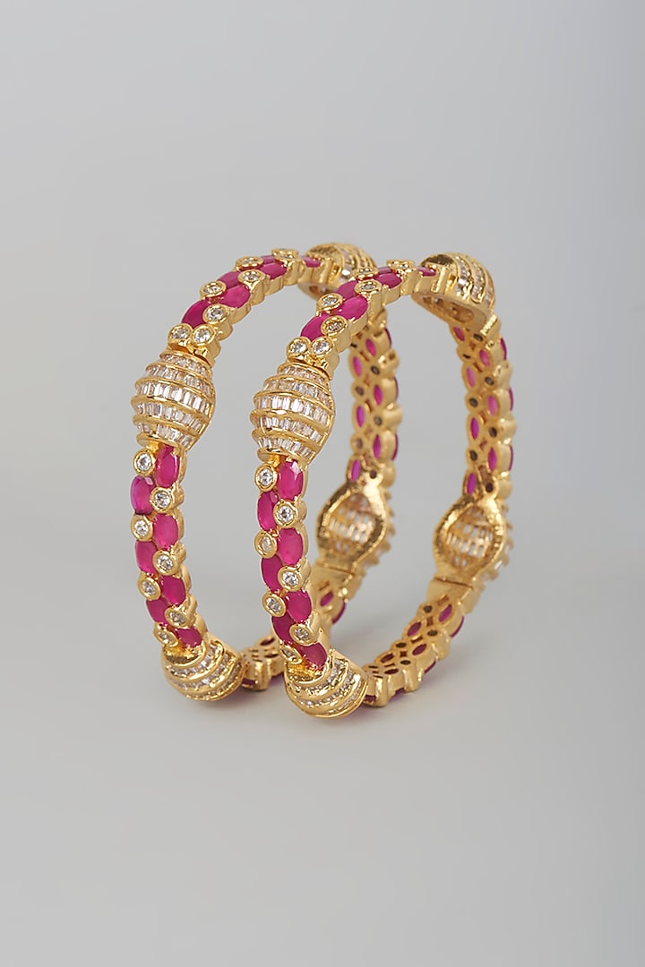 Two Tone Finish Ruby Stone Openable Bangles (Set of 2) by Vivinia By Vidhi Mehra at Pernia's Pop Up Shop