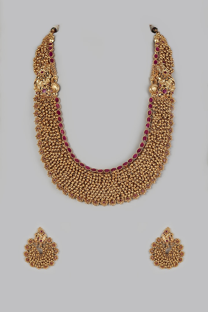 Gold Finish Long Temple Necklace Set by Vivinia By Vidhi Mehra