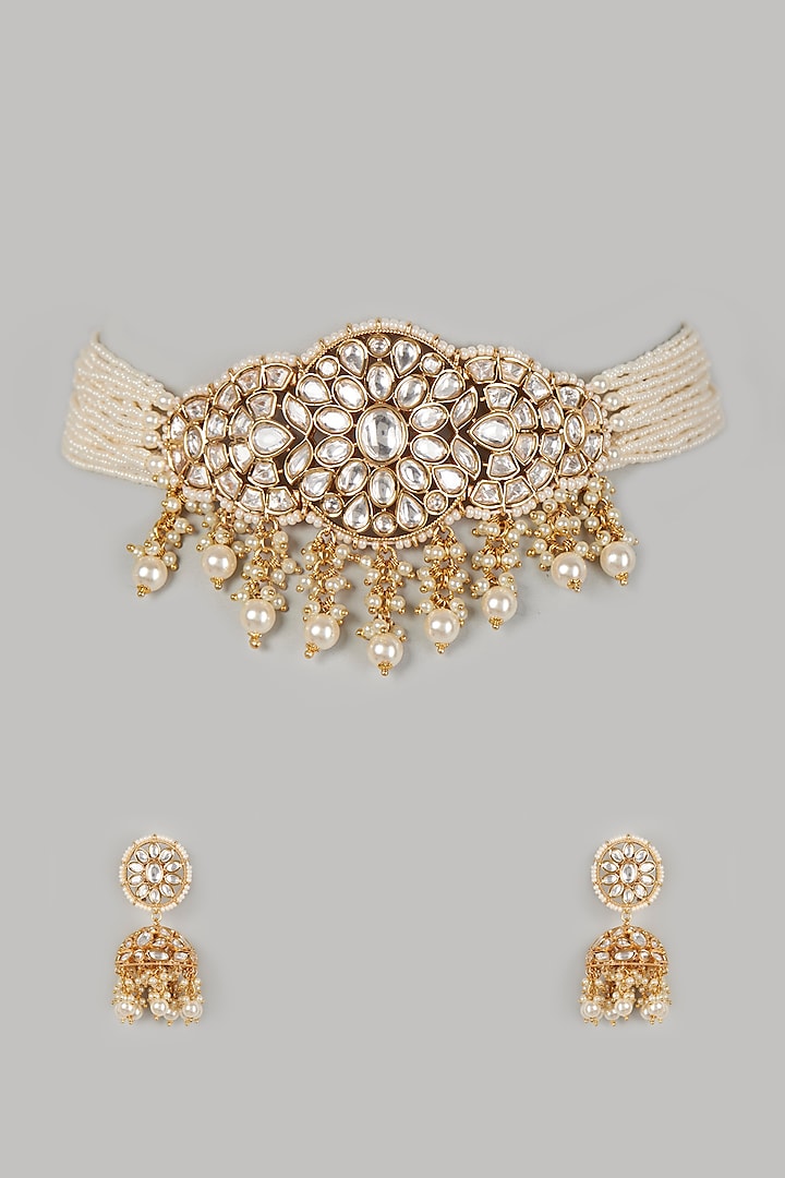 Gold Finish Kundan Polki Choker Necklace Set by VIVINIA  Designer Jewellery