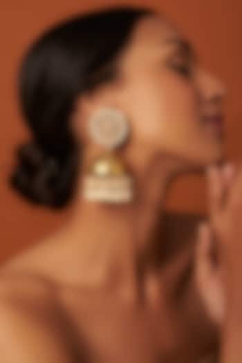 Gold Finish Kundan Polki & Pearl Jhumka Earrings by Vivinia By Vidhi Mehra at Pernia's Pop Up Shop