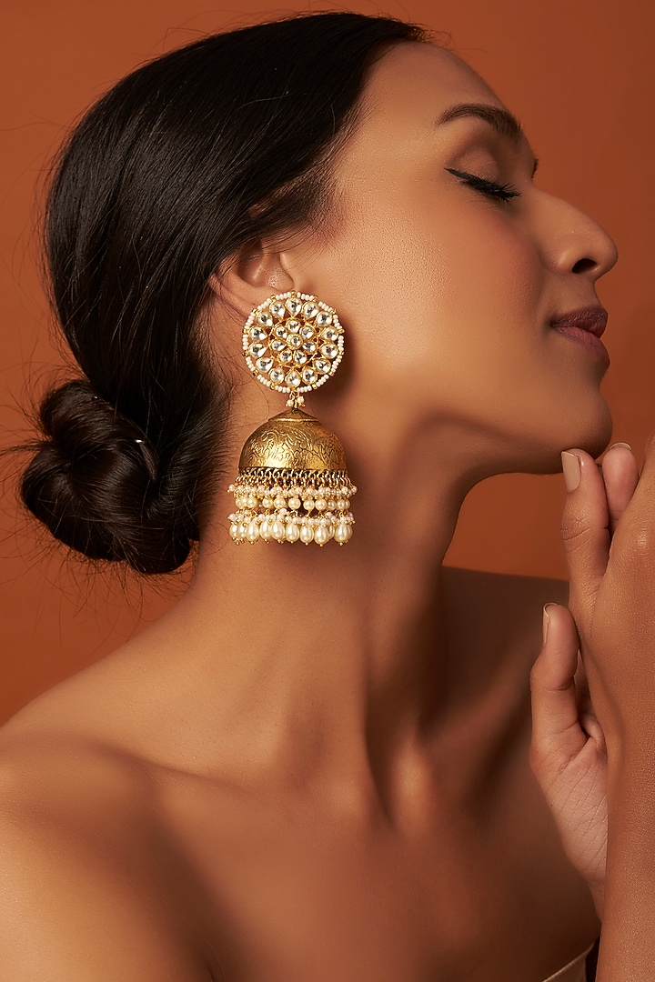 Gold Finish Kundan Polki & Pearl Jhumka Earrings by Vivinia By Vidhi Mehra at Pernia's Pop Up Shop