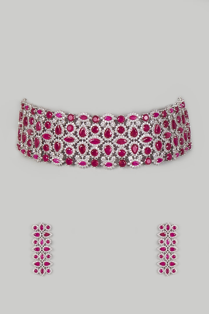 White Finish Ruby & Zircons Choker Necklace Set by Vivinia By Vidhi Mehra at Pernia's Pop Up Shop