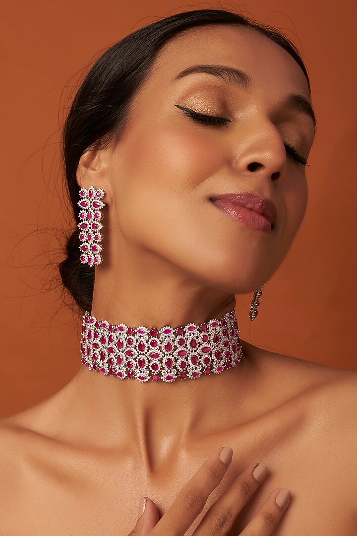White Finish Ruby & Zircons Choker Necklace Set by Vivinia By Vidhi Mehra at Pernia's Pop Up Shop