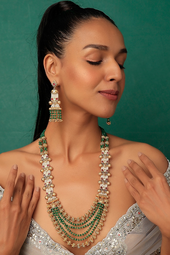 Gold Finish Beaded Long Necklace Set by Vivinia By Vidhi Mehra at Pernia's Pop Up Shop