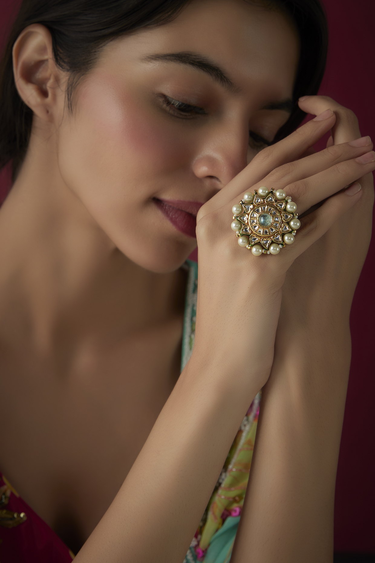 Gold Finish Kundan Polki & Pearl Ring by Vivinia By Vidhi Mehra at Pernia's Pop Up Shop