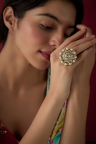 Gold Finish Kundan Polki & Pearl Ring by Vivinia By Vidhi Mehra