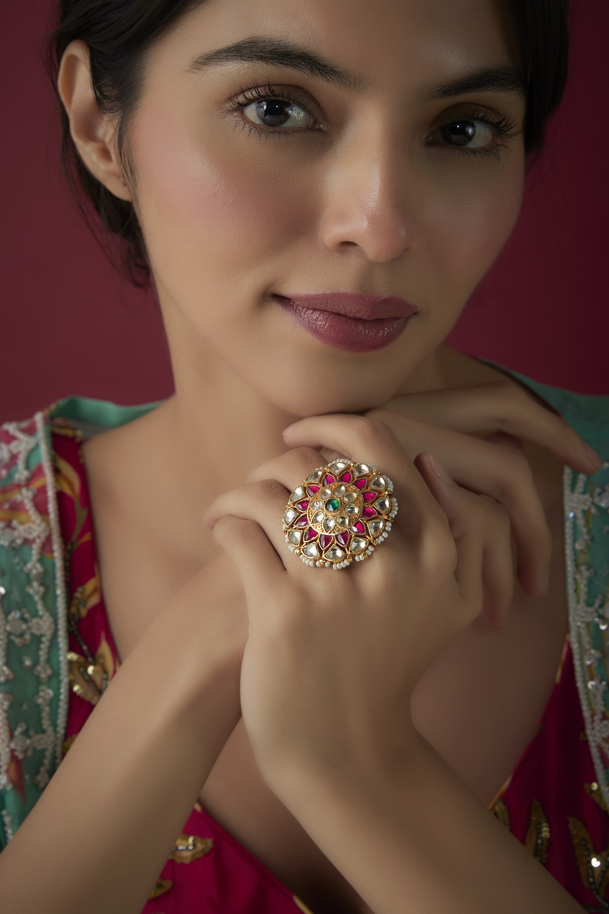 Gold finish Pink Kundan Polki Ring by Vivinia By Vidhi Mehra at Pernia's Pop Up Shop